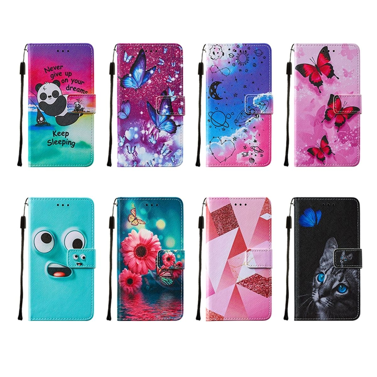 Verschiedene Handyhüllen mit Designs: Panda, Schmetterlinge, Planeten, Blumen, Katzen-Gesicht, Katze.