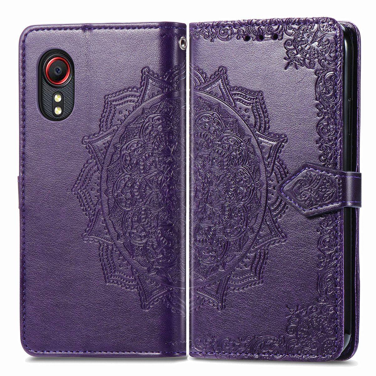 Lila Handyhülle mit Mandala-Design. Das Telefon ist darin, Kamera sichtbar.