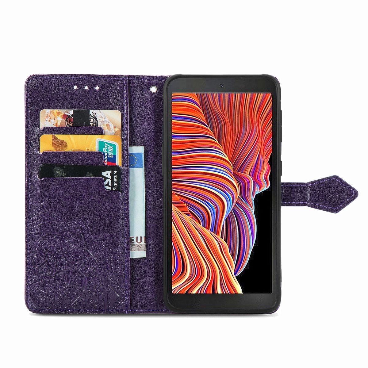 Violette Handyhülle geöffnet, um ein Telefon, Karten und Geld anzuzeigen. Das Telefon hat einen farbenfrohen Bildschirm.