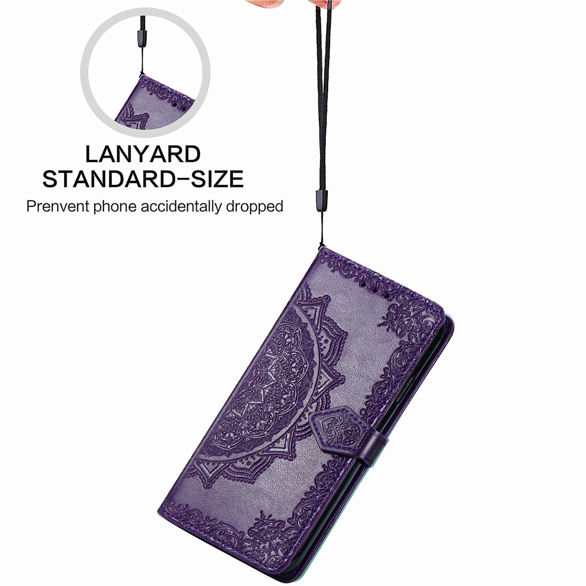 Lila Handyhülle mit Mandala-Design, schwarzem Riemen und dem Text 'Lanyard Standard-Size'.
