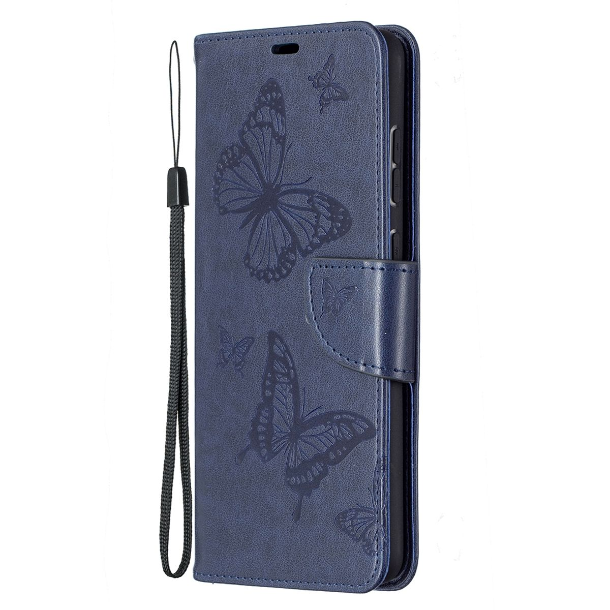 Eine blaue Handyhülle mit Schmetterlingsmotiven. Das Telefon ist darin. Die Hülle hat einen Riemen.