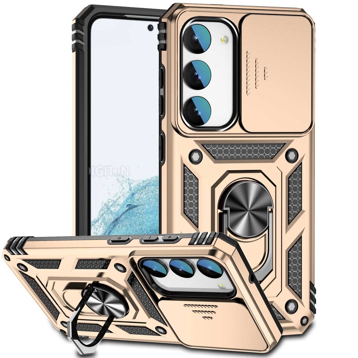 Eine goldene Handyhülle mit Kameraabdeckung und Ringhalter, in mehreren Ansichten, mit einem Telefon im Inneren.