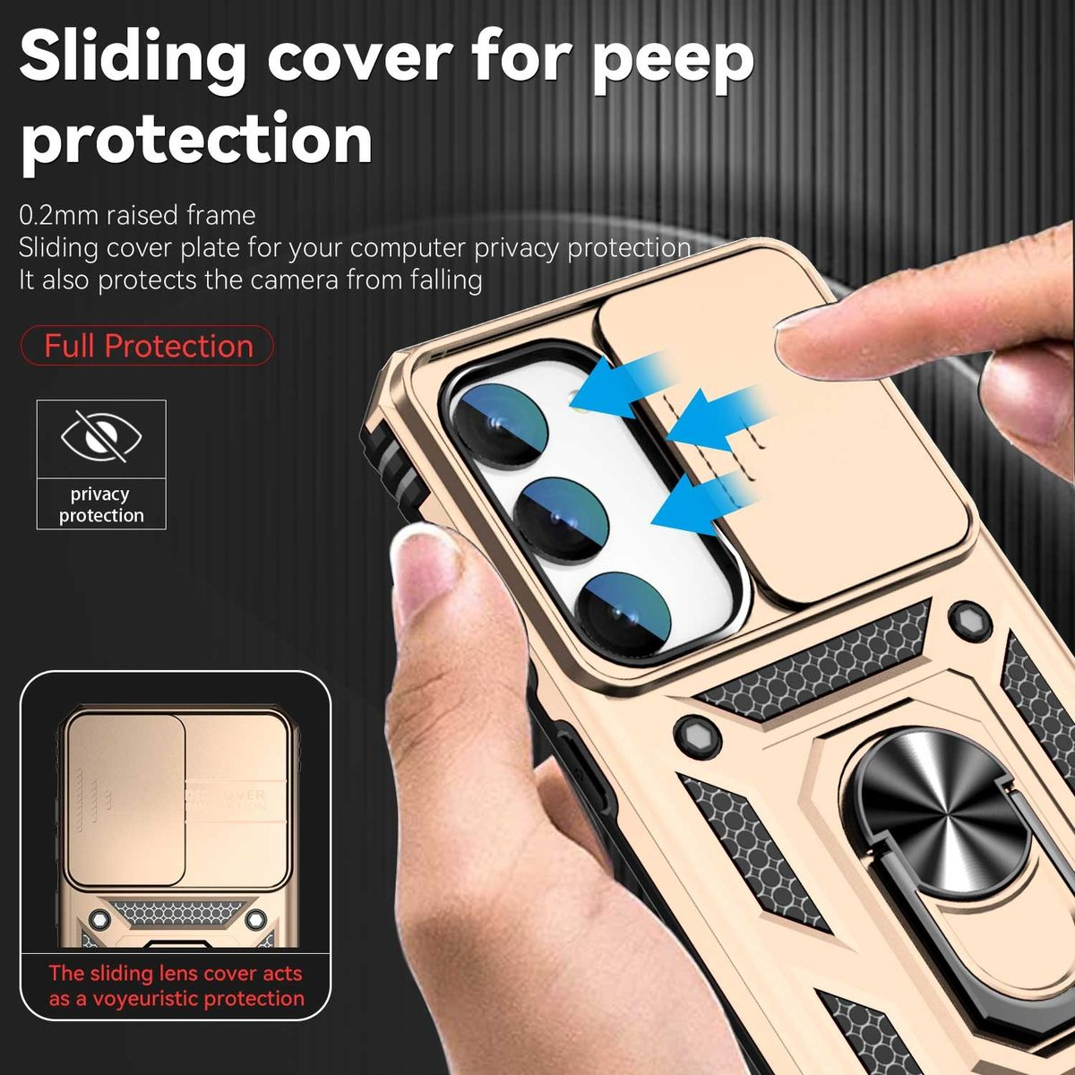 Goldenes Handycase mit verschiebbarem Kamera-Cover, gehalten von einer Hand, auf Muster.