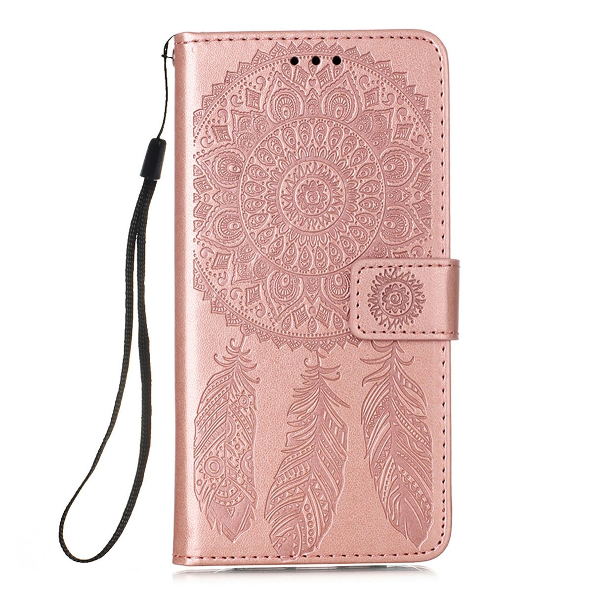 Rosa Handyhülle mit Mandala-Design, Telefon und schwarzem Riemen. Die Hülle hat eine Magnetklappe.
