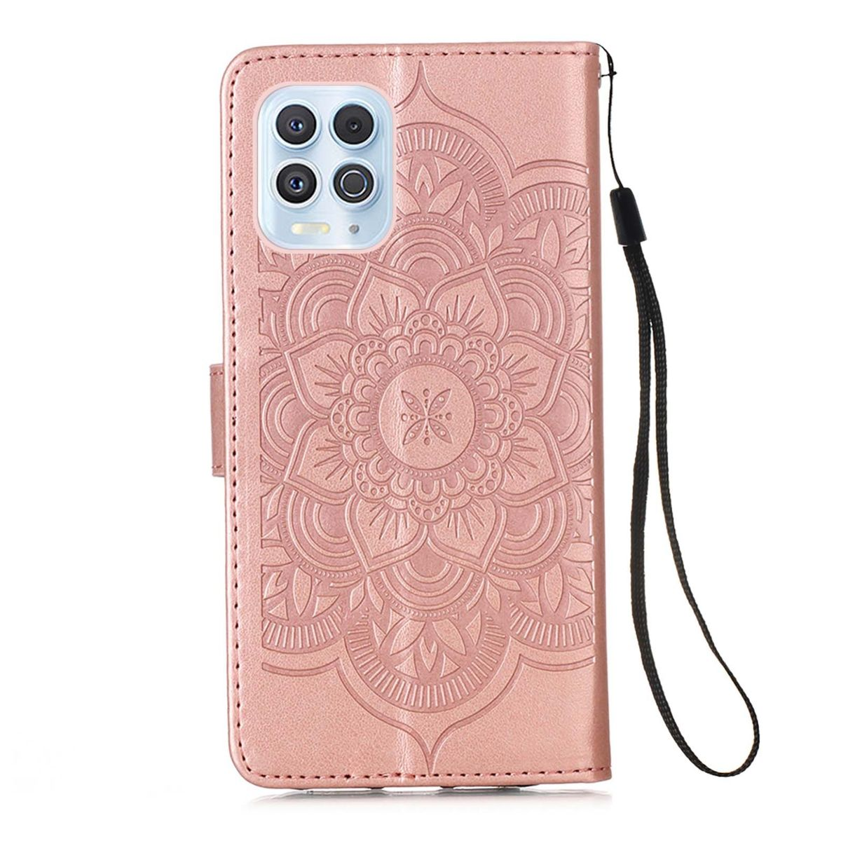 Rosa Handyhülle mit Mandala-Design. Die Hülle hat eine Handschlaufe und einen Kameraausschnitt.