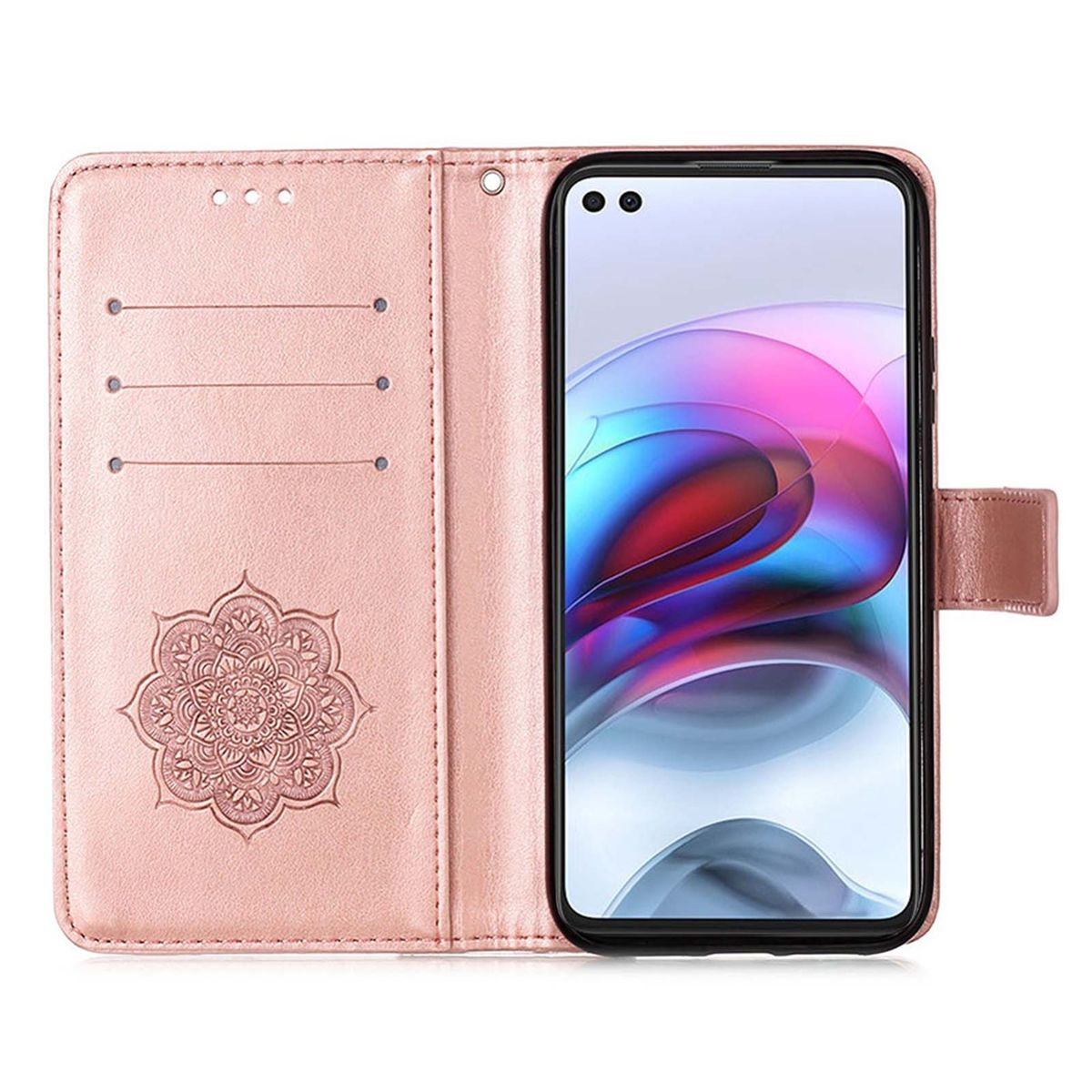 Rosa Handyhülle, offen, mit Telefon darin. Die Hülle hat ein Design und Kartenfächer.