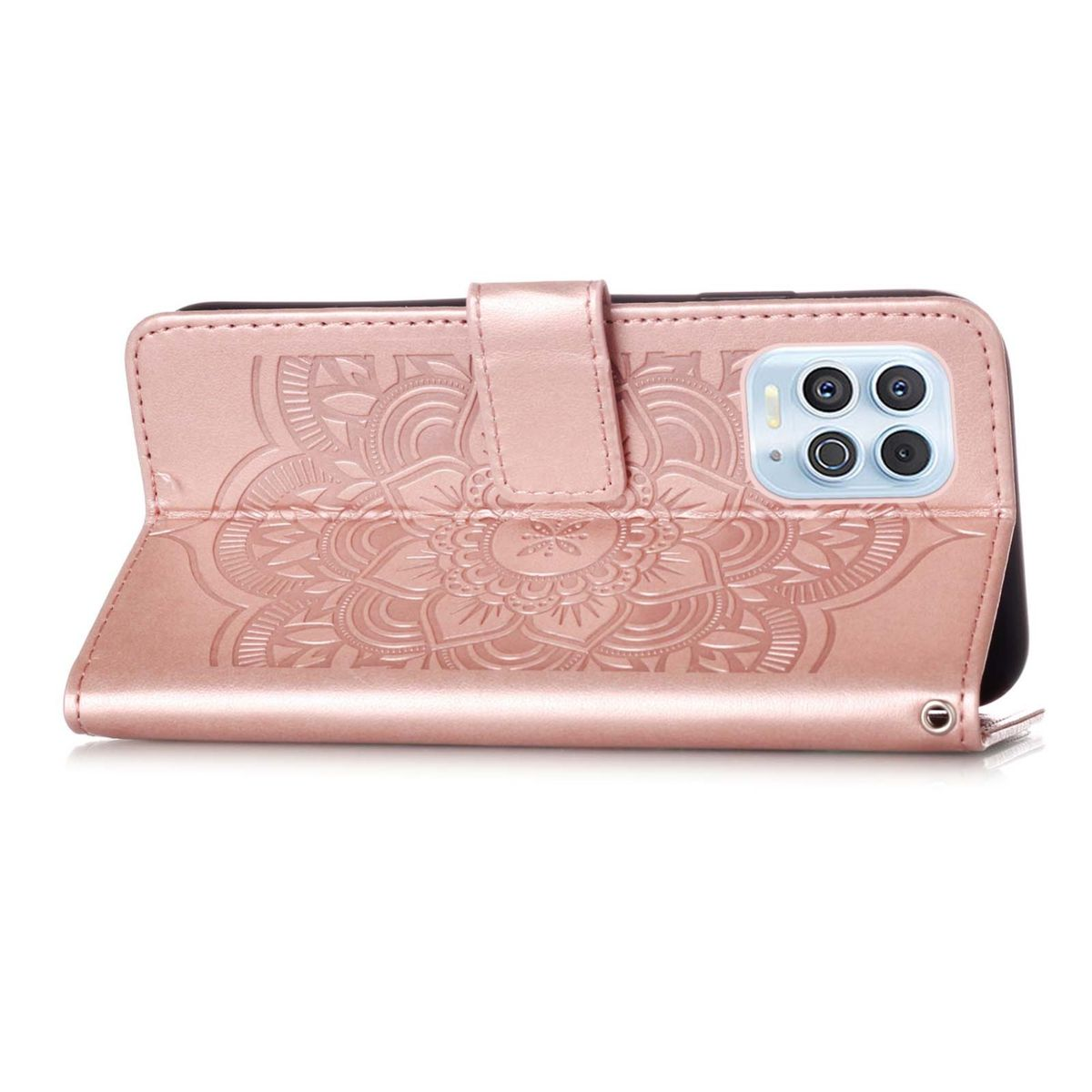 Roségoldene Handyhülle mit Mandala-Design. Geöffnet, zeigt das Telefon und Verschlussdetails.
