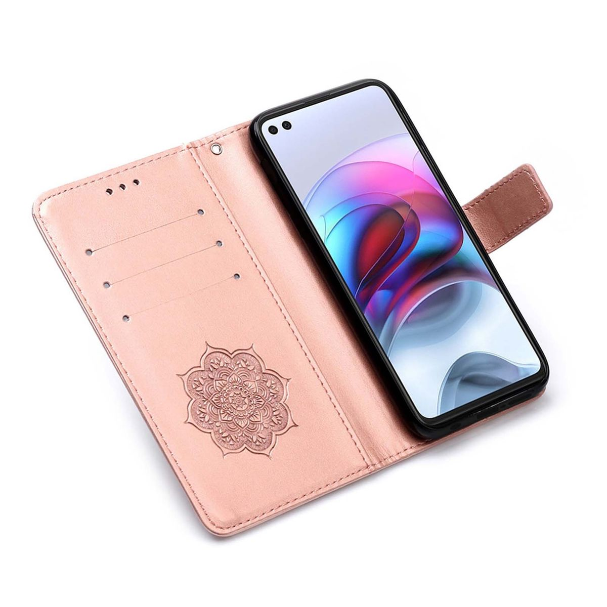 Offene rosa Handyhülle mit Telefon. Mandala-Design links.