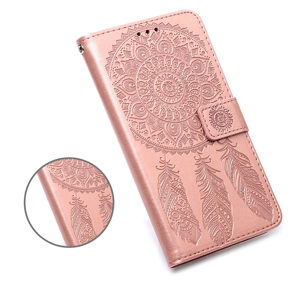 Rosa Handyhülle mit Mandala- und Federn-Design. Die Hülle befindet sich auf einer weißen Oberfläche.