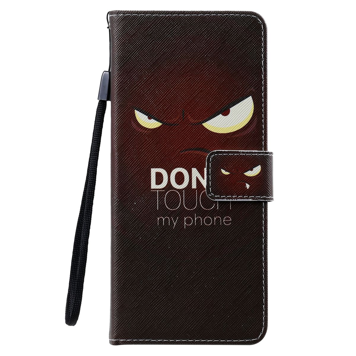 Braune Handyhülle mit wütenden Augen und dem Text 'DON'T TOUCH my phone'.