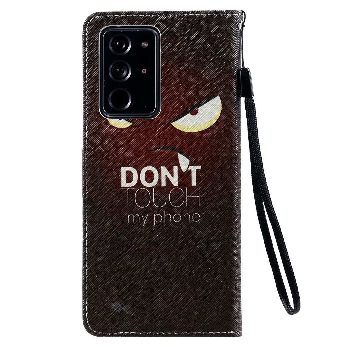 Dunkelbraune Handyhülle geschlossen. Auf der Hülle steht: DON'T TOUCH my phone. Schwarzer Gurt ist befestigt.