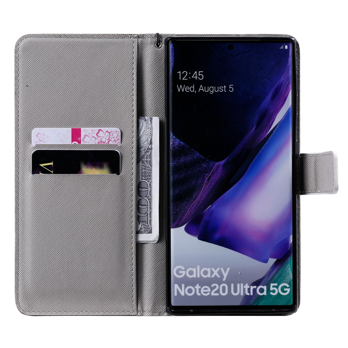Graue Handyhülle offen, mit Telefon, das die Uhrzeit anzeigt. Karten und Bargeld sind sichtbar.