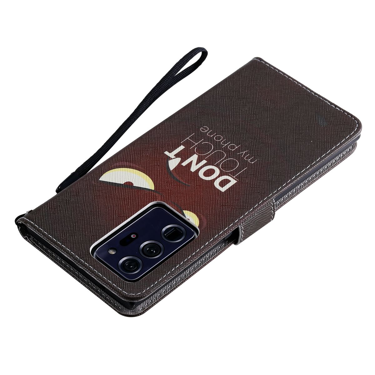 Eine braune Handyhülle mit den Worten 'BERÜHRE MEIN TELEFON NICHT'. Ein Telefon befindet sich in der Hülle.