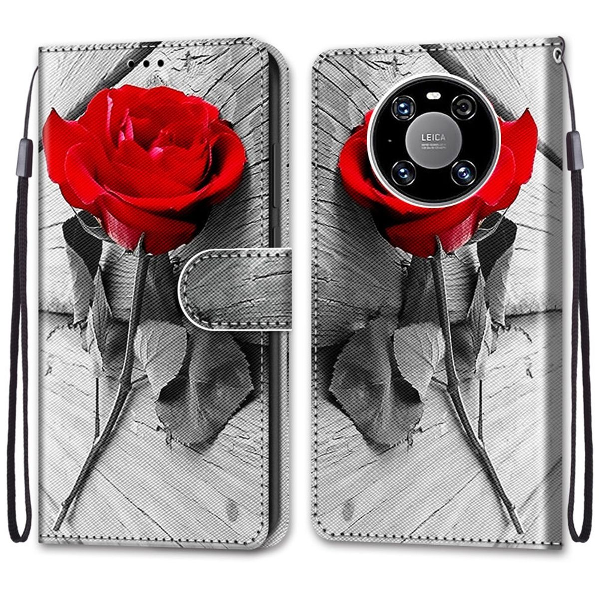 Eine Handyhülle mit einem roten Rosenmuster, geöffnet, um ein Telefon und eine Lederoberfläche zu zeigen.