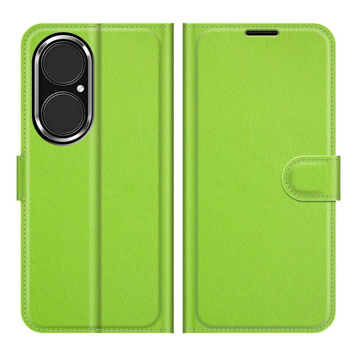 Grüne Handyhülle, geöffnet, Telefon innen zeigend.