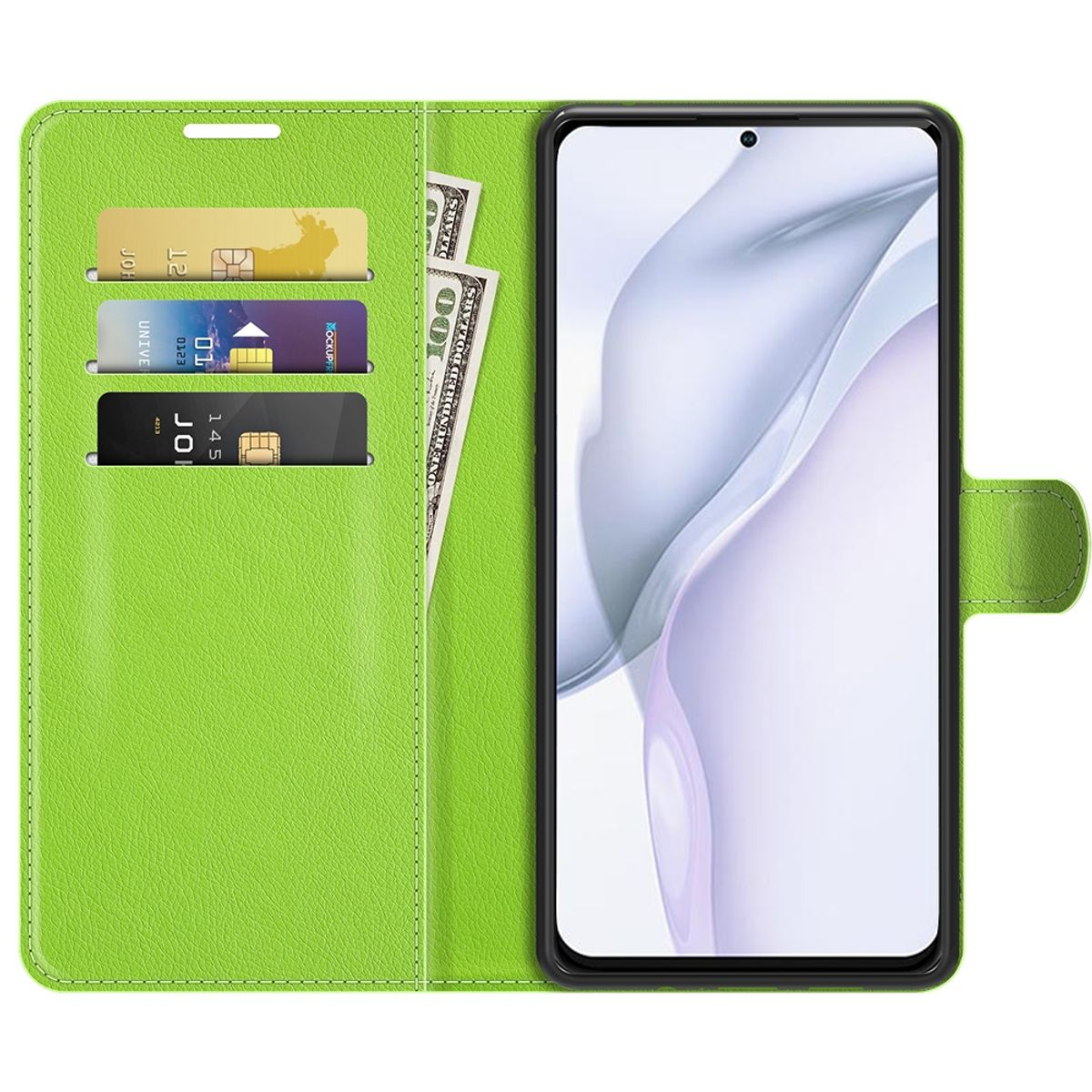 Eine grüne Handyhülle mit drei Kartenfächern, einem Telefon und zwei Geldscheinen.