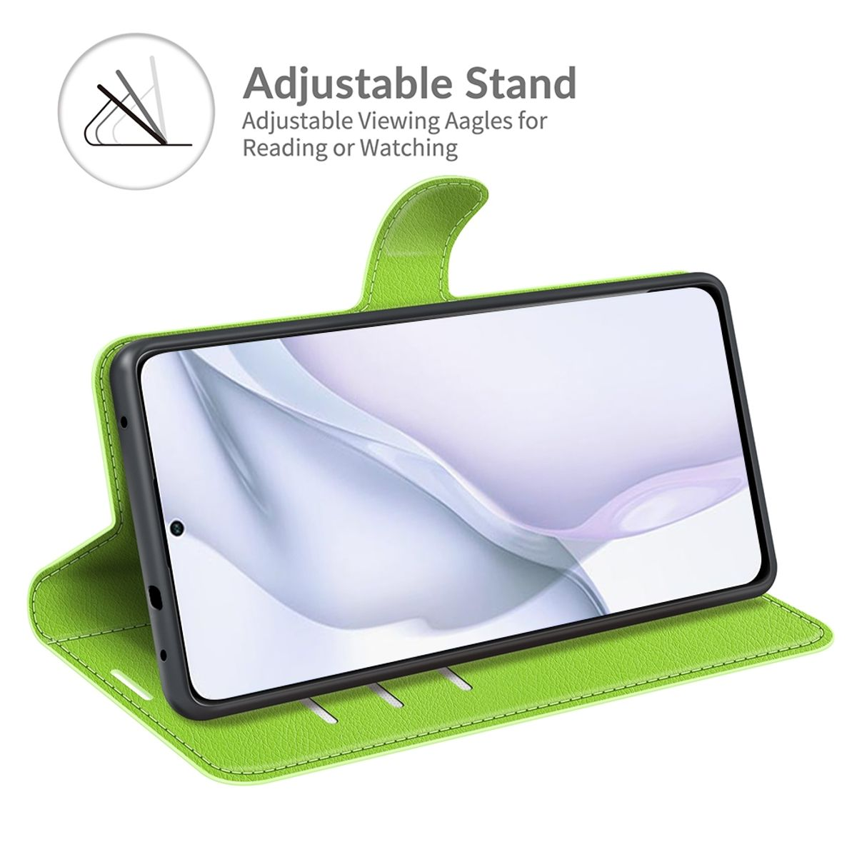 Grüne Handyhülle mit Telefon darin. Das Telefon steht aufrecht. Verstellbarer Ständer.