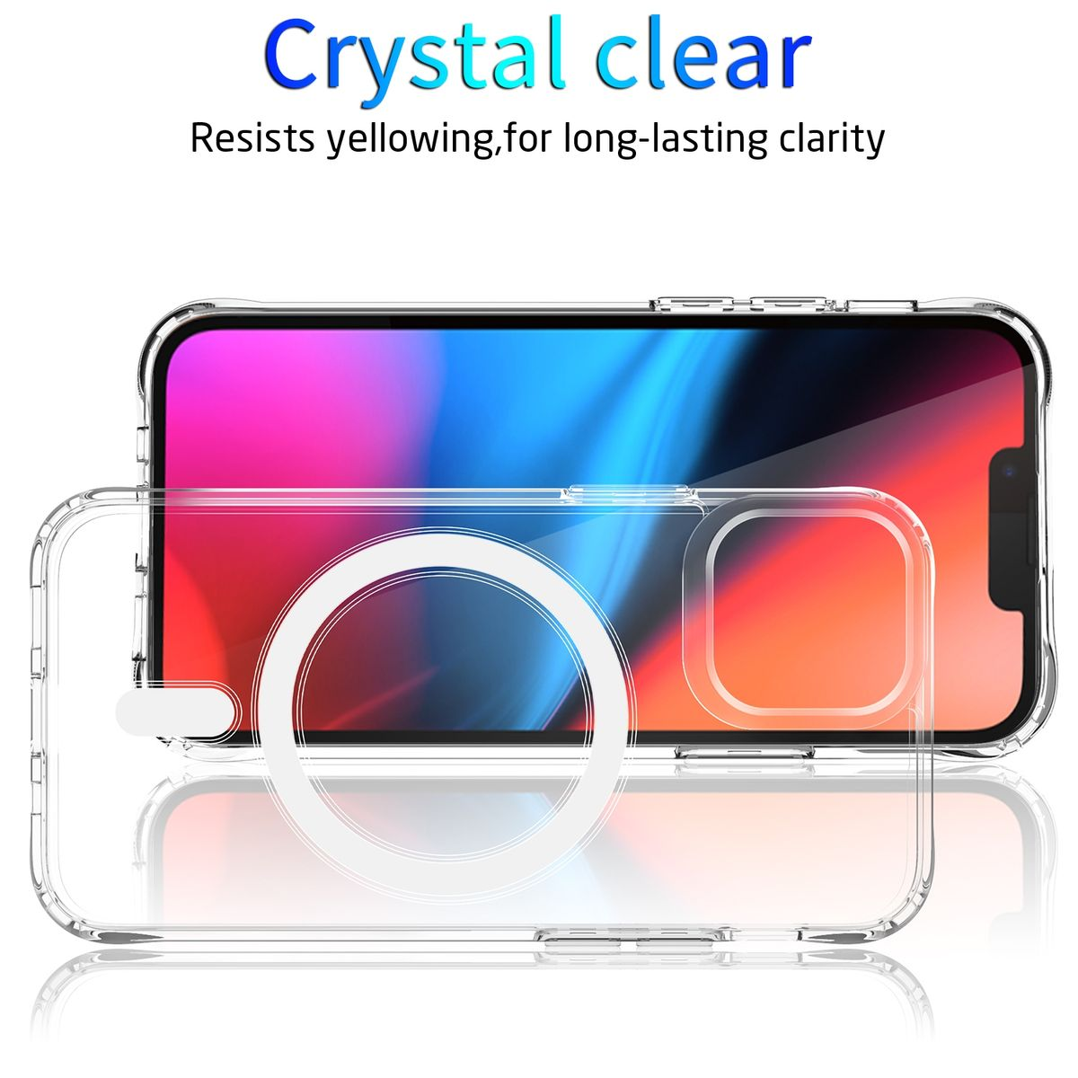 Transparente Handyhülle mit Telefon. Das Telefon zeigt ein farbenfrohes Bild. Die Hülle ist transparent.