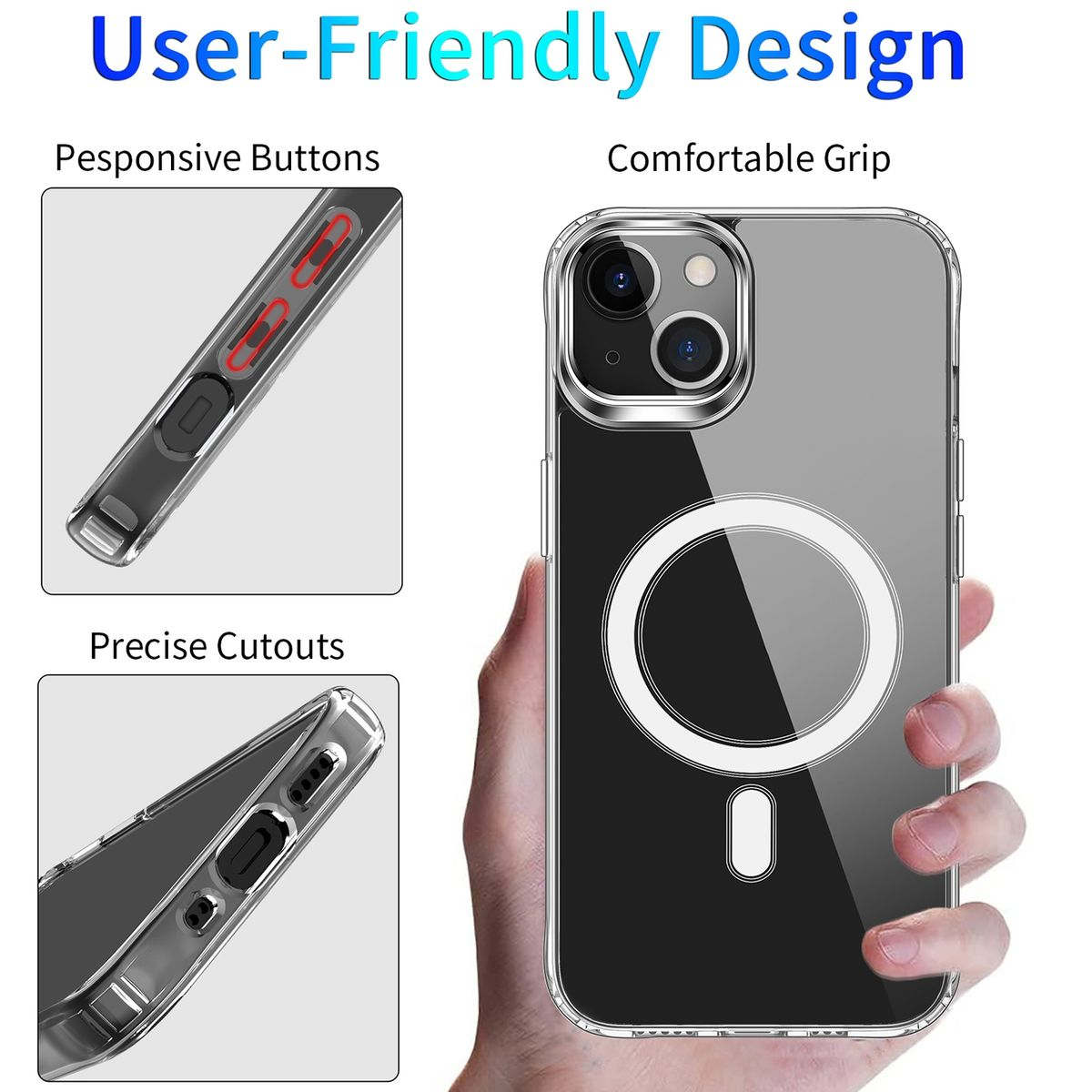 Transparente Handyhülle mit reaktionsschnellen Tasten und präzisen Aussparungen. Eine Hand hält das Telefon, und ein weißer Kreis.