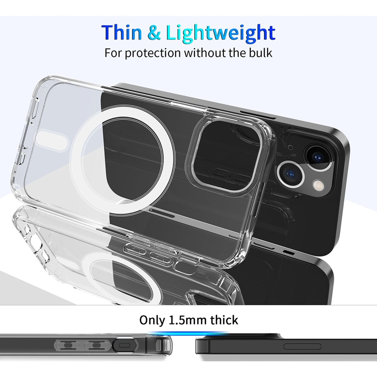 Transparente Handyhülle. Ein schwarzes Telefon ist eingesetzt. Die Hülle ist dünn, mit rundem Design.