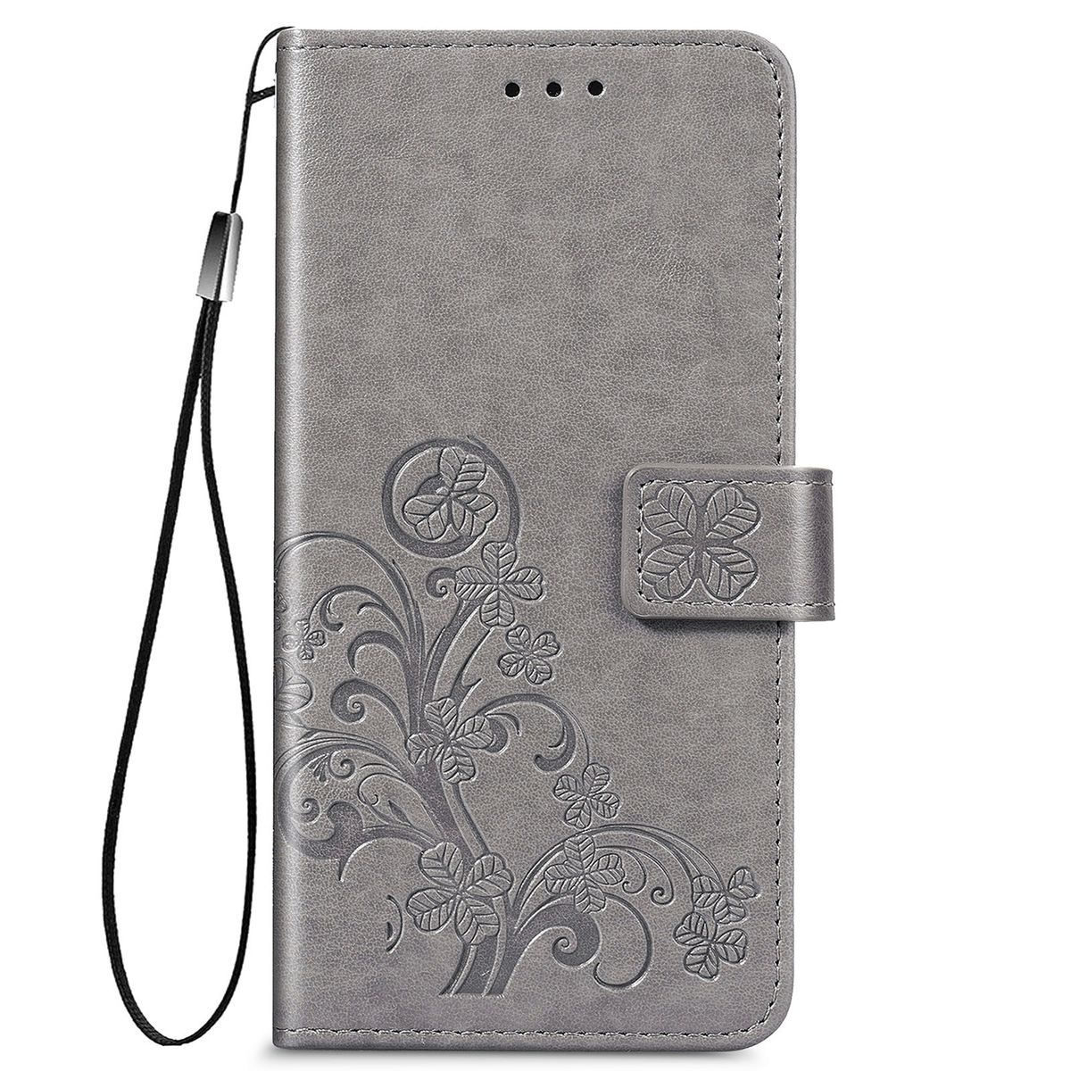 Graue Handyhülle mit floralem Design. Inklusive Riemen und Magnetverschluss.