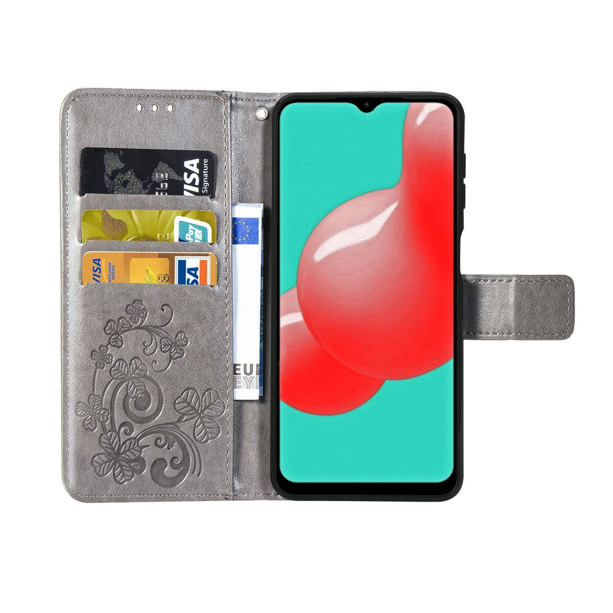 Graue Handyhülle mit Karten und Geld. Telefonbildschirm zeigt rote und rosa Formen.