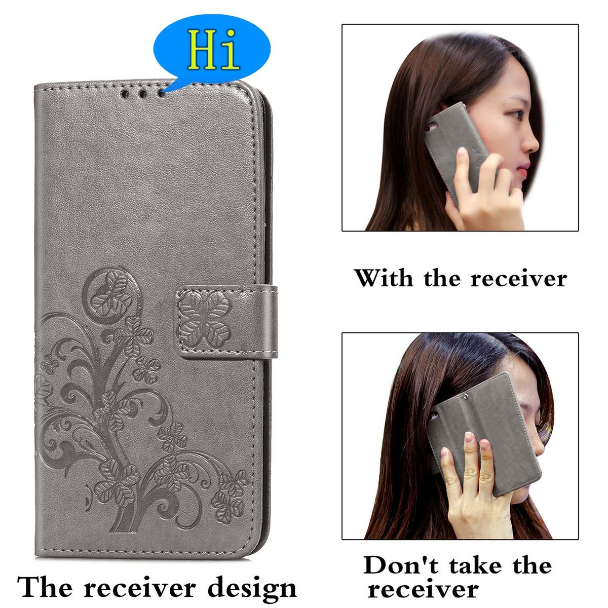 Graue Handyhülle mit Blumenmuster. Frau hält ein Telefon. Mit und ohne Hörer-Design.