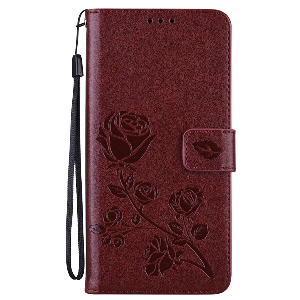 Bordeauxfarbene Handyhülle mit Rosendesign und Handschlaufe. Die Hülle hat einen Magnetverschluss.