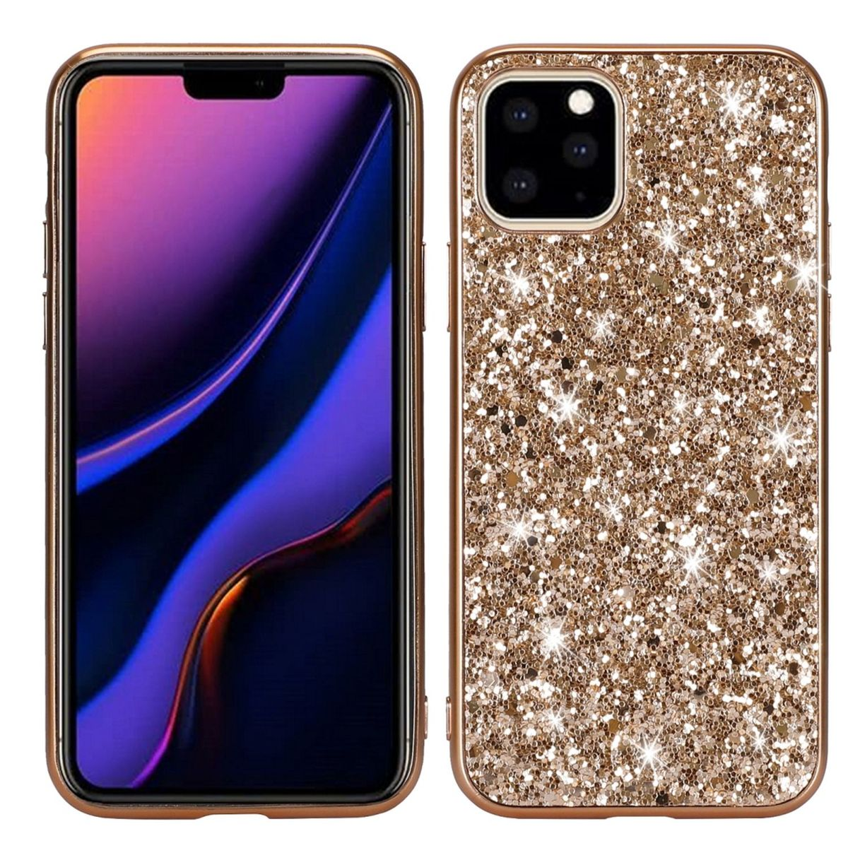 Goldener Glitzer-Handy-Hülle. Handy-Bildschirm zeigt buntes Bild. Hintergrund weiß.