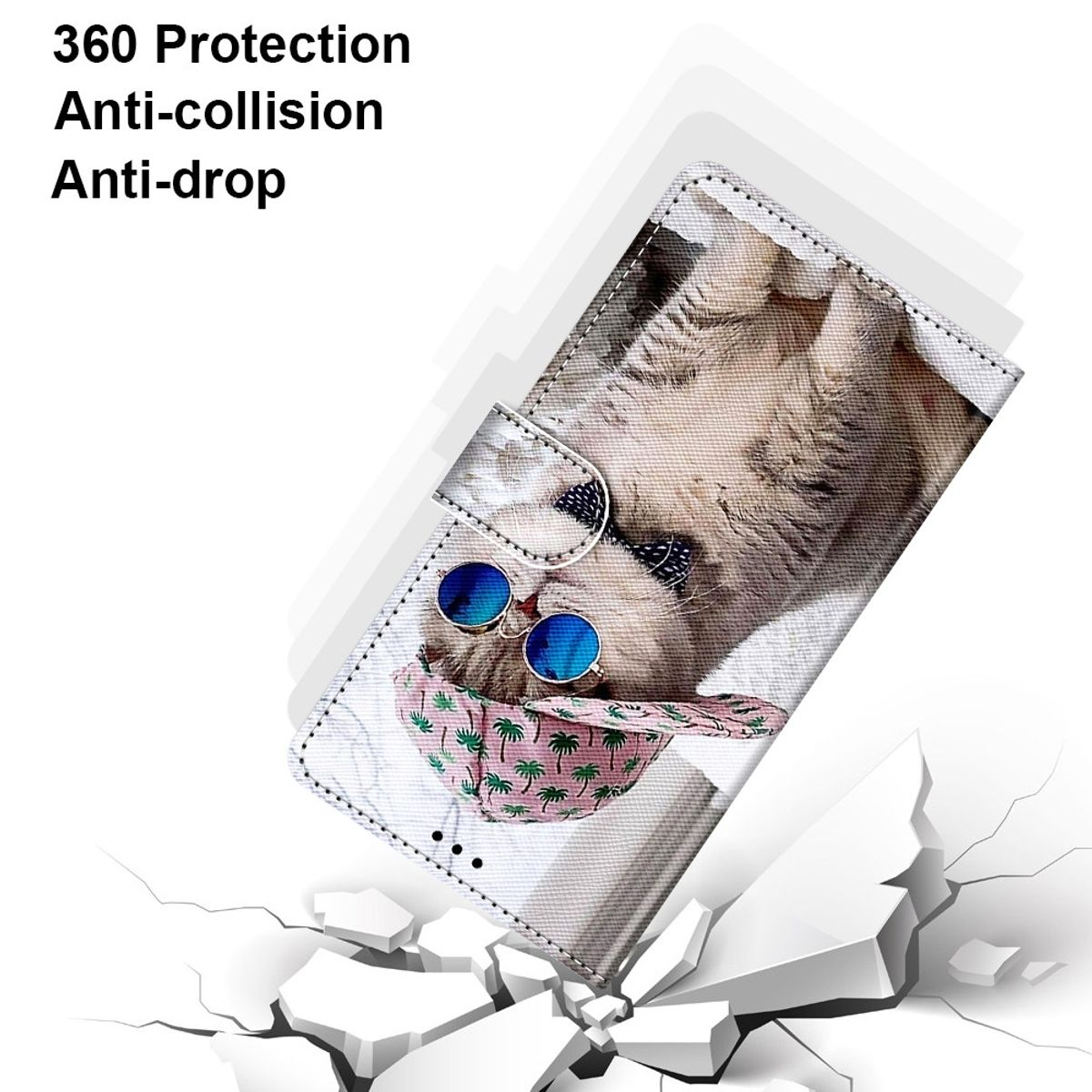Handyhülle mit Katze mit Sonnenbrille, auf weißer Oberfläche, Risse darunter.
