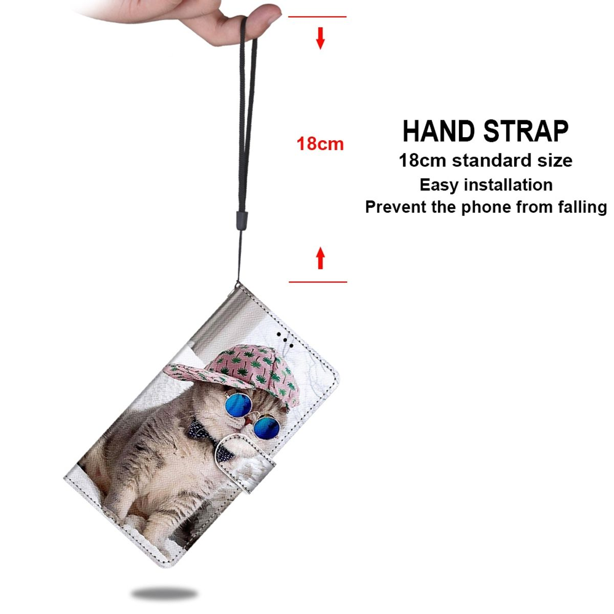 Eine Handyhülle mit Katze, Brille und Hut, an schwarzem Band hängend, mit Größenangaben.