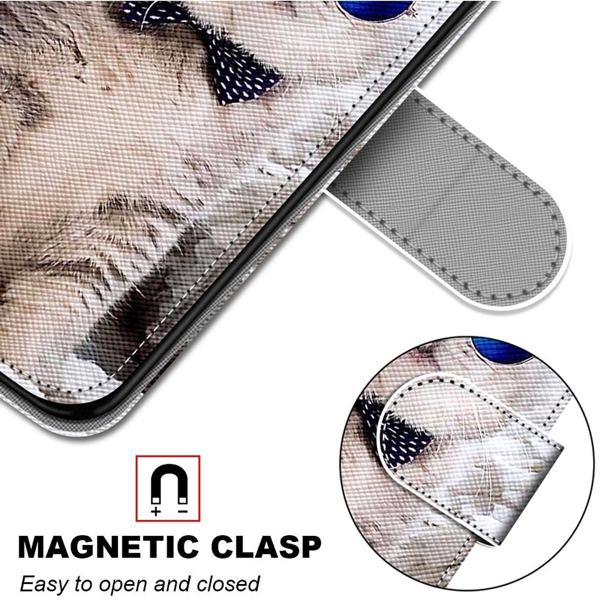 Nahaufnahme einer Handyhülle mit Katzenfellmuster, Magnetverschluss und kreisförmigem Detail.