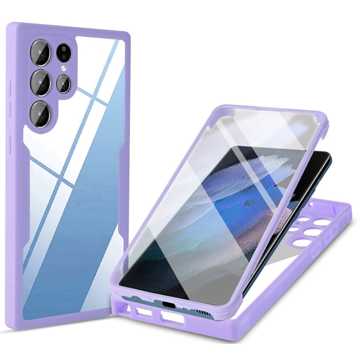 Lila Handyhülle mit durchsichtigem Rücken. Telefon ist innen. Lila Ränder.