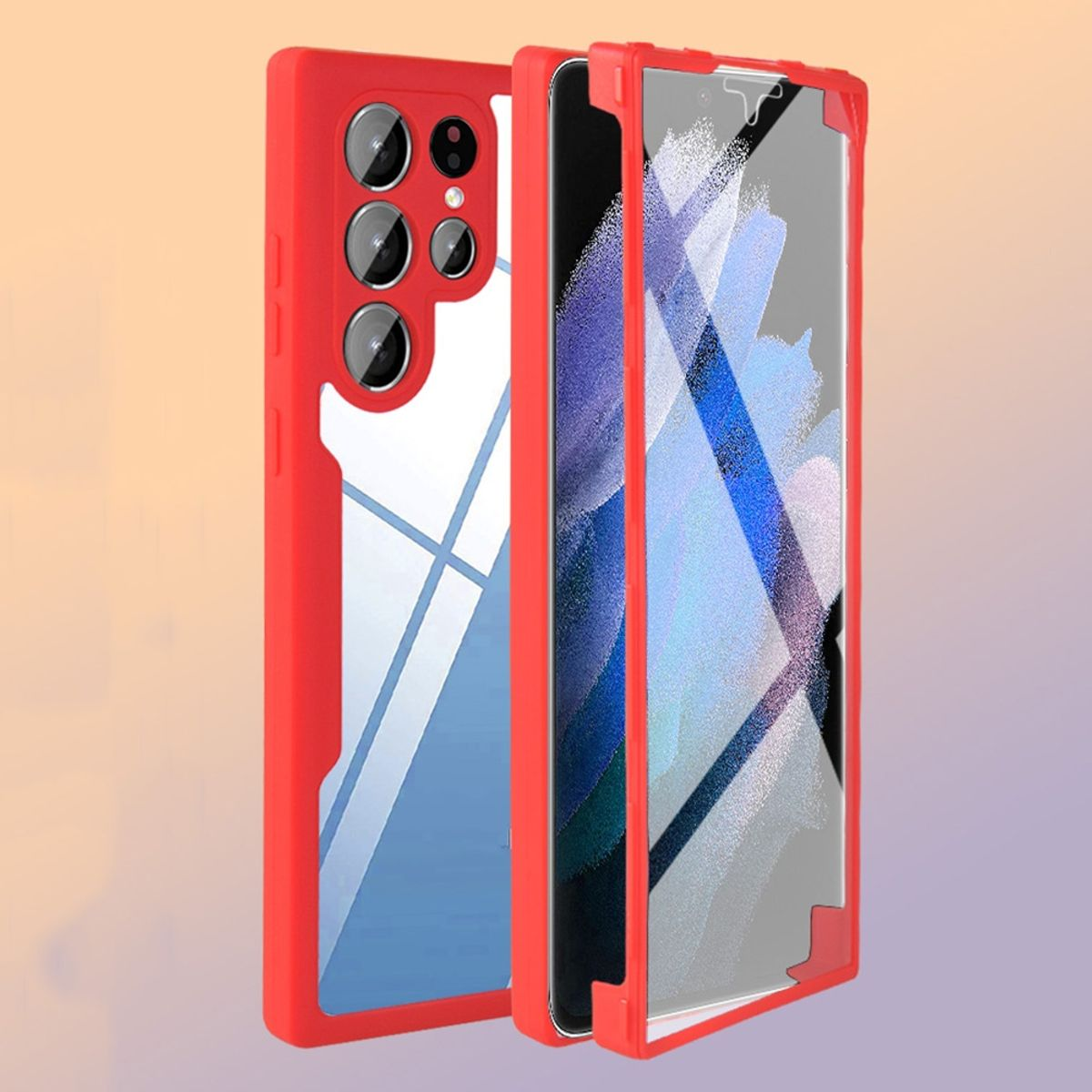 Rote Handyhülle mit klarer Displayschutzfolie. Das Telefon befindet sich im Inneren der Hülle. Der Hintergrund ist unscharf.