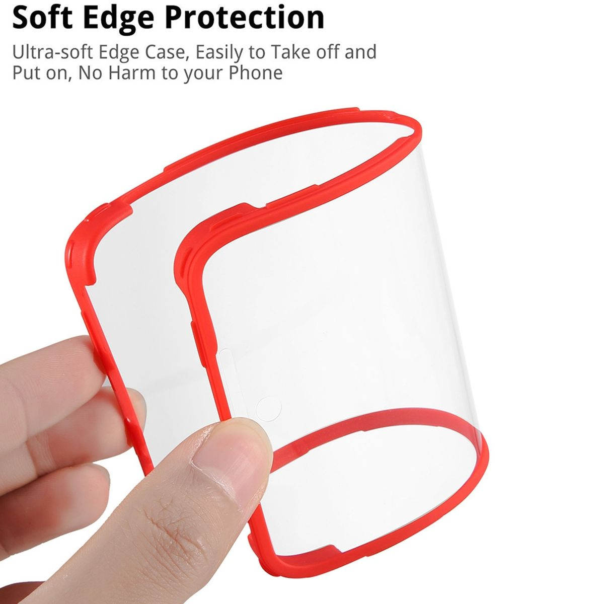 Eine transparente Handyhülle mit rotem Rahmen wird von einer Hand gehalten, Nahaufnahme.