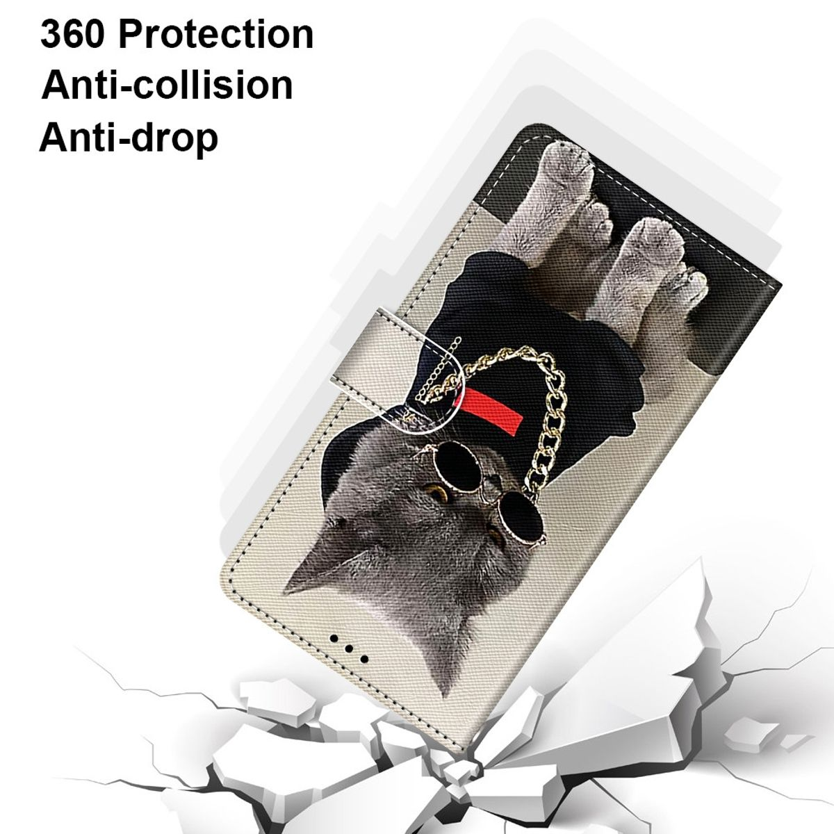 Handyhülle mit Katzen-Design, offen, auf einer gerissenen Oberfläche. Text: 360° Schutz, Anti-Kollision, Anti-Sturz.