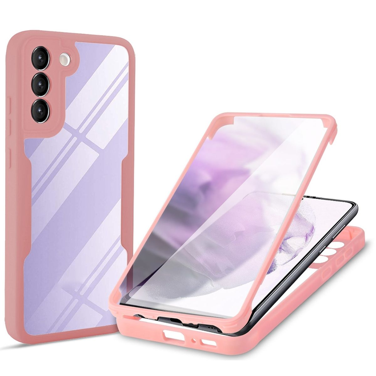 Eine pinke Handyhülle mit transparentem Rücken, zeigt ein Handy und seine Komponenten.
