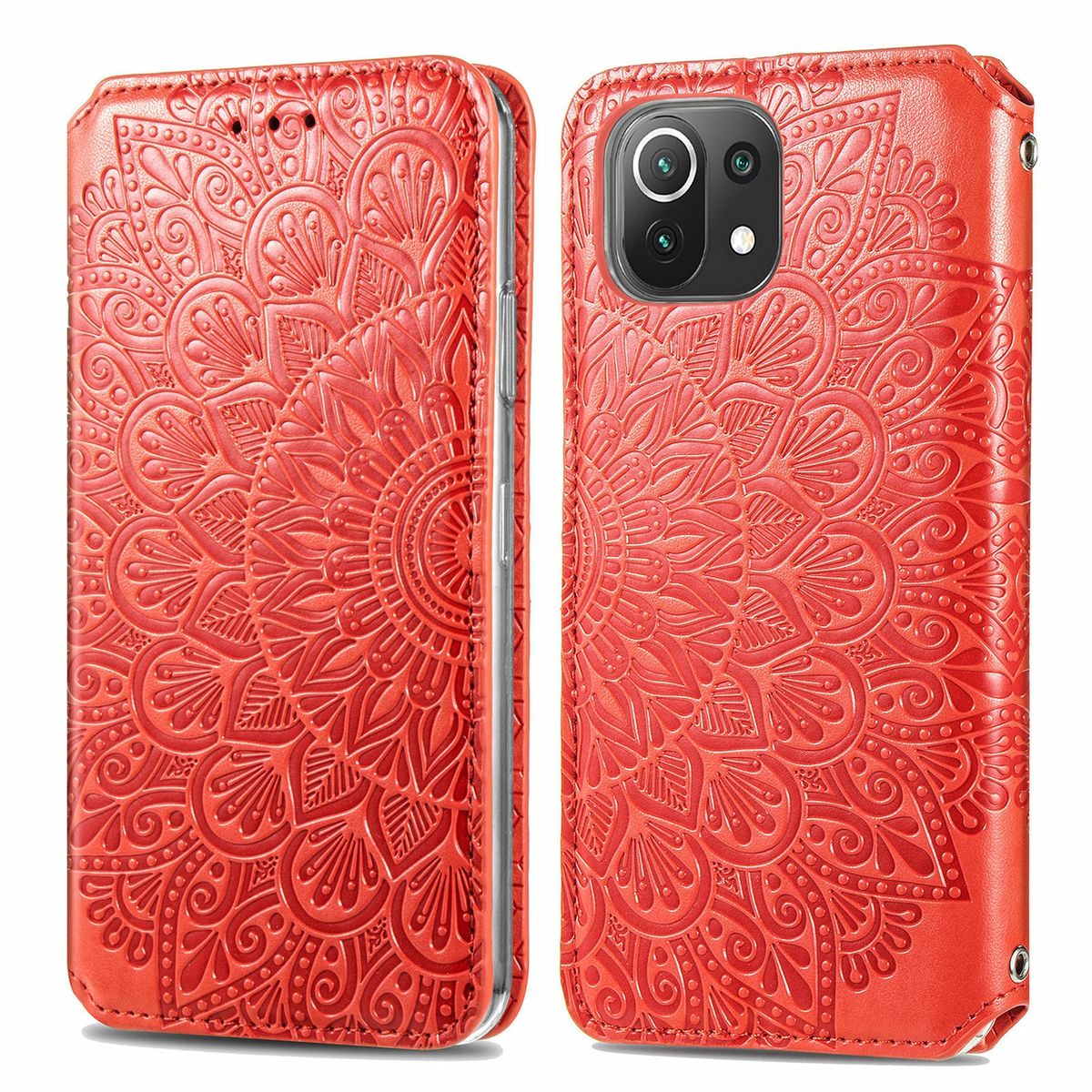 Rote Handyhülle mit Mandala-Design. Die Hülle ist geöffnet und zeigt das Telefon im Inneren.