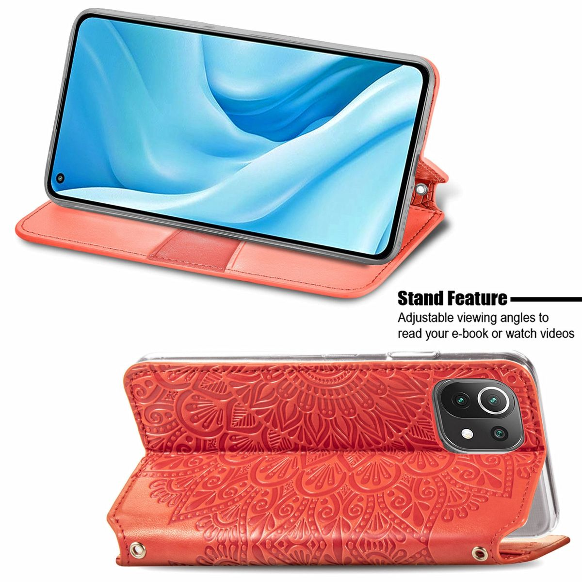 Rote Handyhülle mit Mandala-Design. Das Telefon befindet sich in einer Standposition. Text: Standfunktion, verstellbare Winkel.
