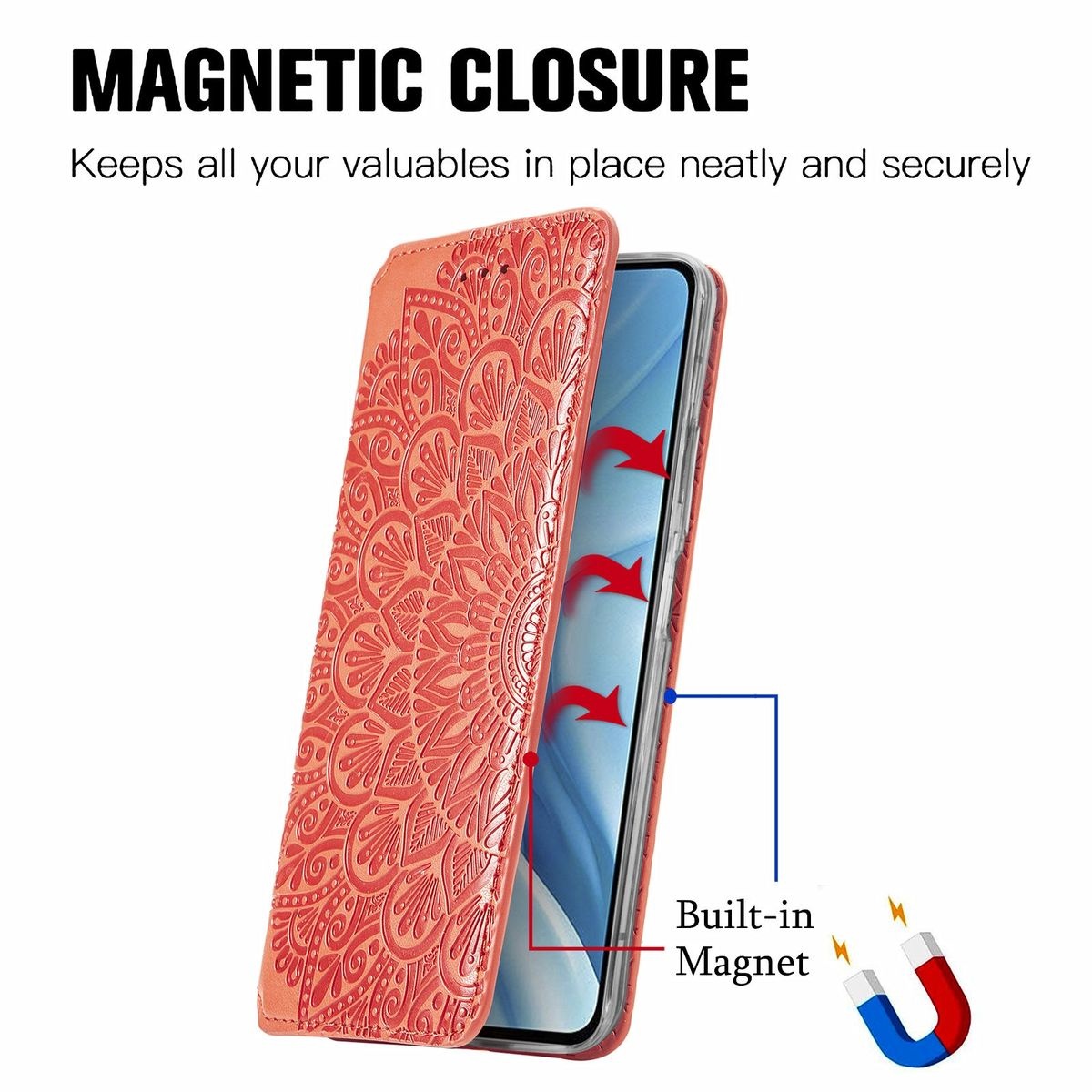 Eine Handyhülle mit rotem Design. Es gibt einen Magnetverschluss. Das Telefon ist innen. Die Hülle hat eine Mandala.