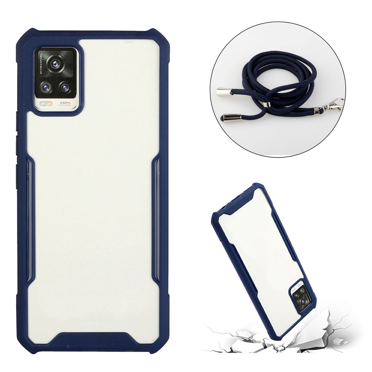 Weiß-blaue Handyhülle, mit Telefon darin, in zwei Perspektiven gezeigt.