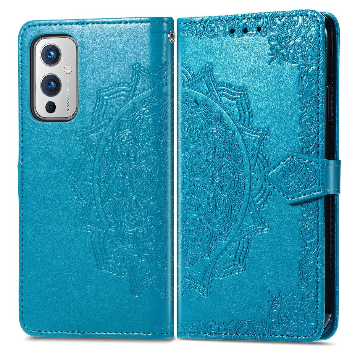 Blaue Handyhülle mit Mandala-Design. Geöffnet.