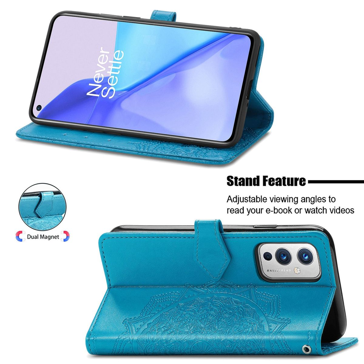 Blaue Handyhülle mit Telefon. Mit Standfunktion und floralem Muster.