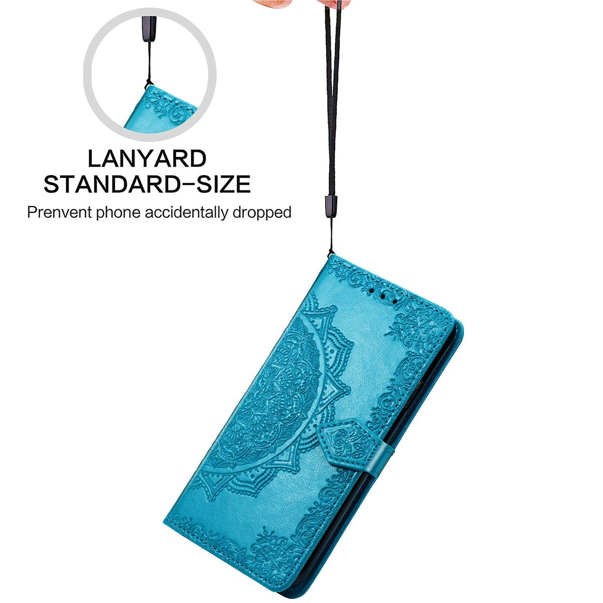 Türkisfarbene Handyhülle mit Mandala-Design und Lanyard. Der Hintergrund ist weiß.