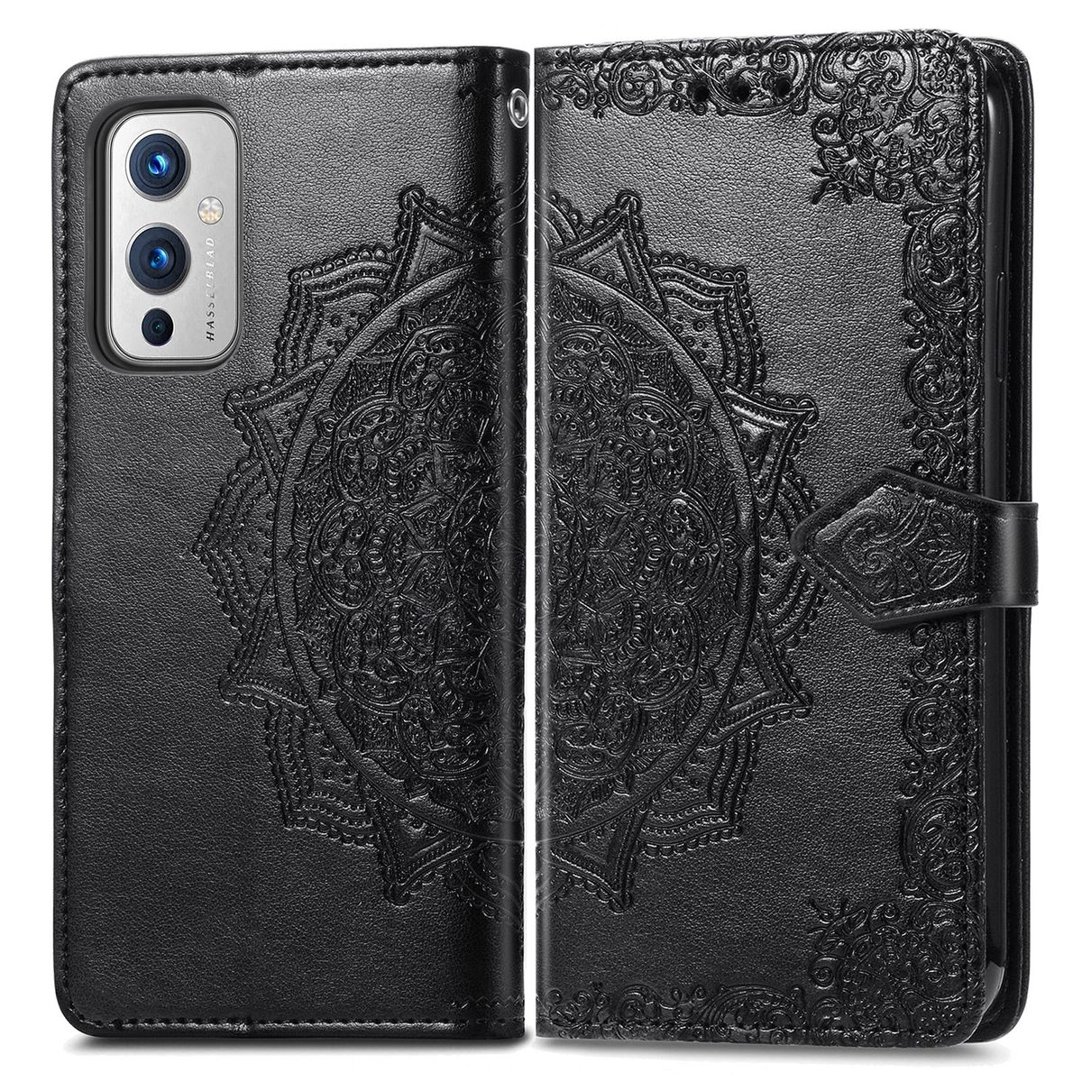 Schwarze Leder-Handyhülle mit Mandala-Design. Die Hülle ist offen und zeigt ein Telefon.