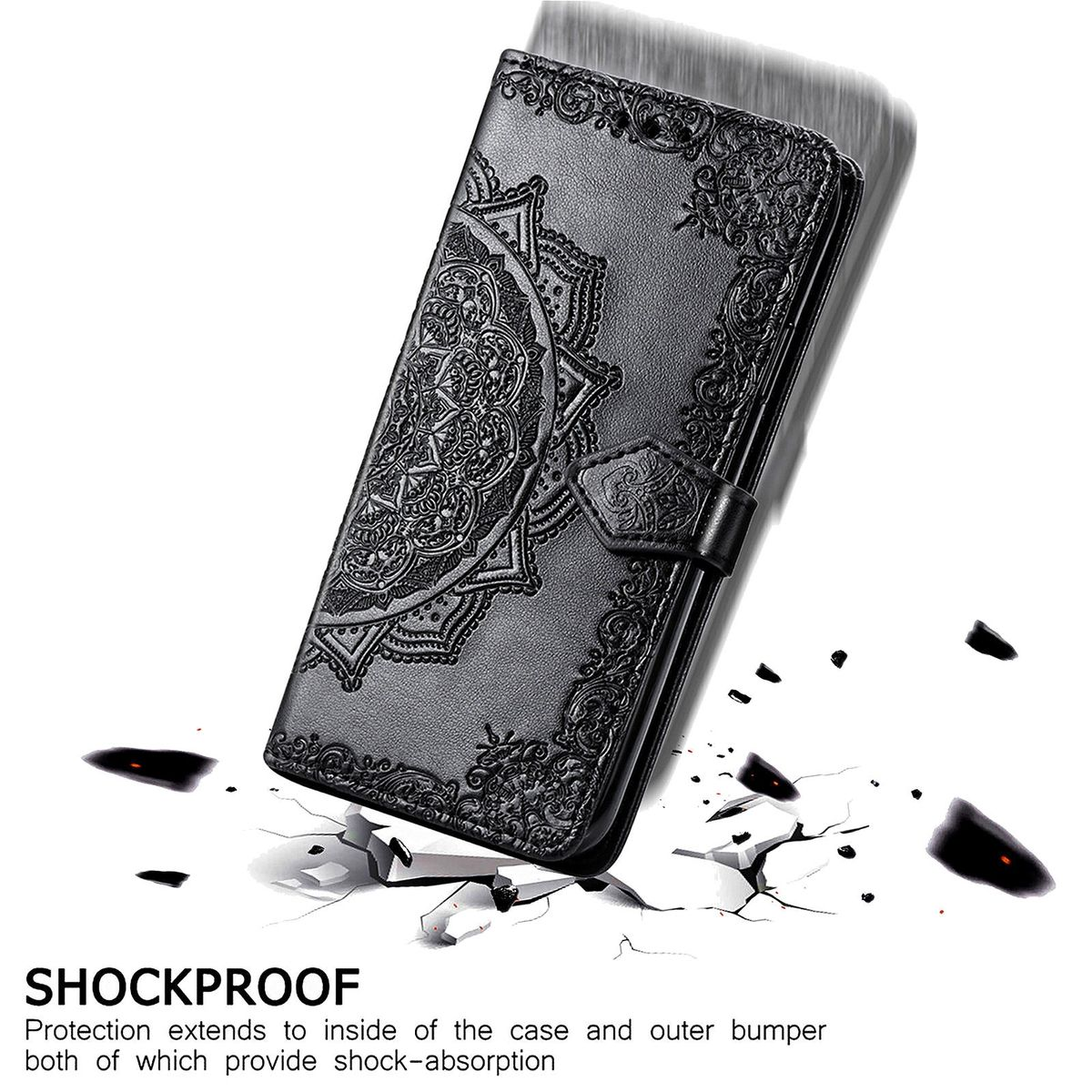 Eine schwarze Handyhülle mit Mandala-Design, Telefon, und rissiger Oberfläche. Die Hülle ist offen.