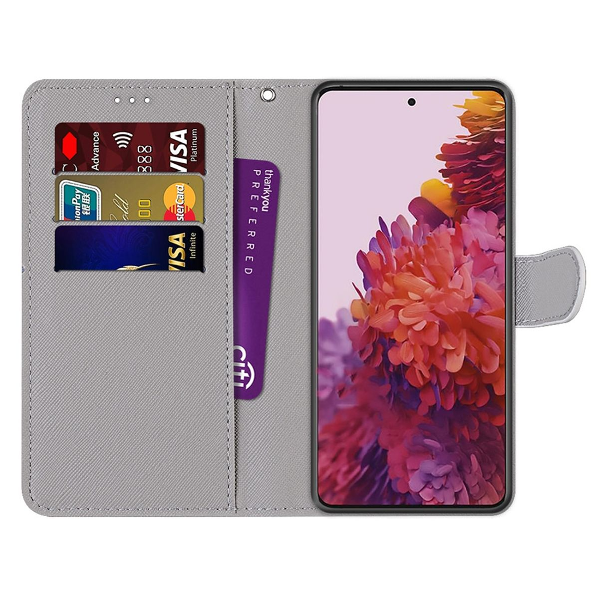 Ein Smartphone in einer grauen Brieftasche mit Kreditkarten und einer Dankeskarte.