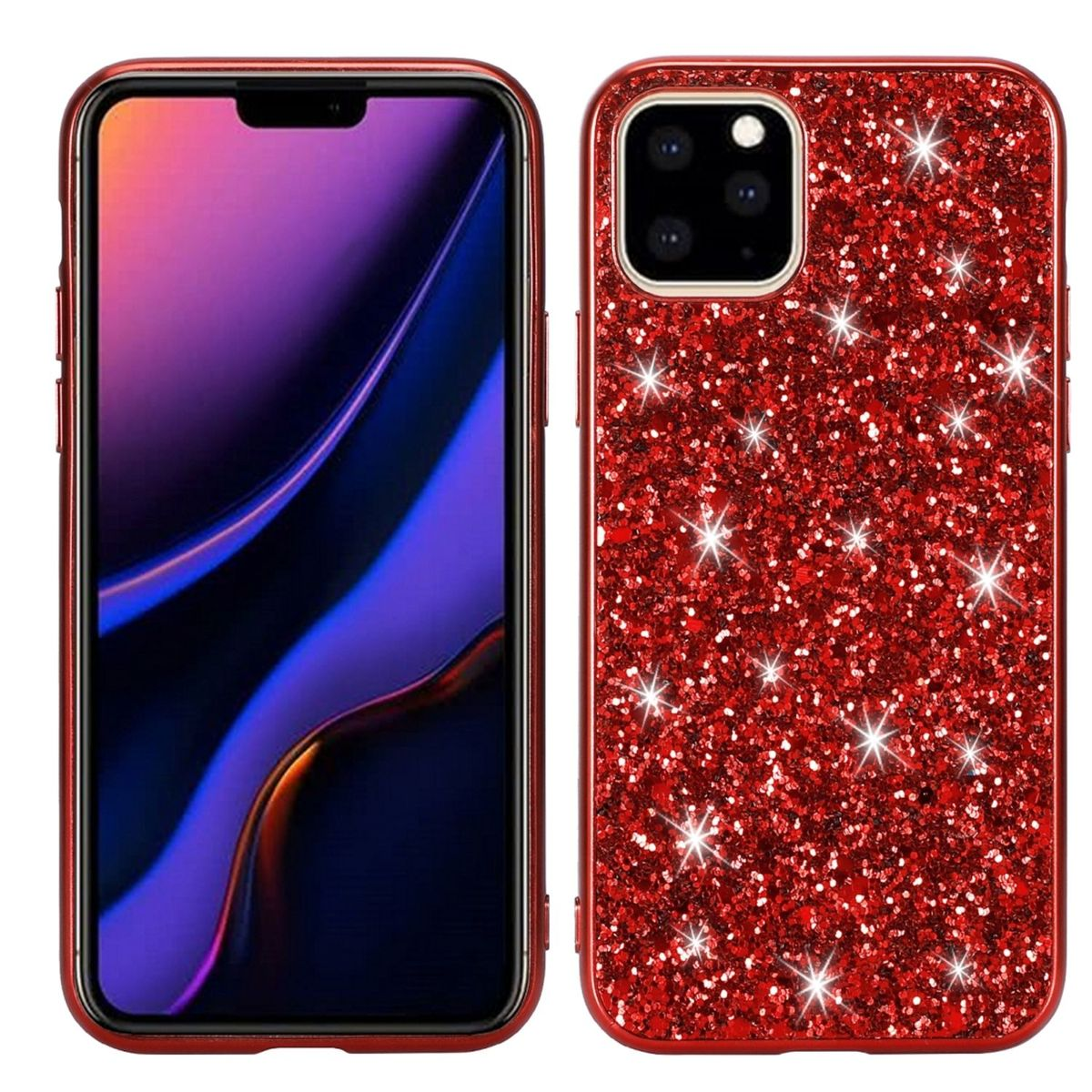 Zwei Ansichten eines Telefons und einer Hülle. Das Telefon hat eine rote Glitzerhülle. Der Bildschirm ist lila.
