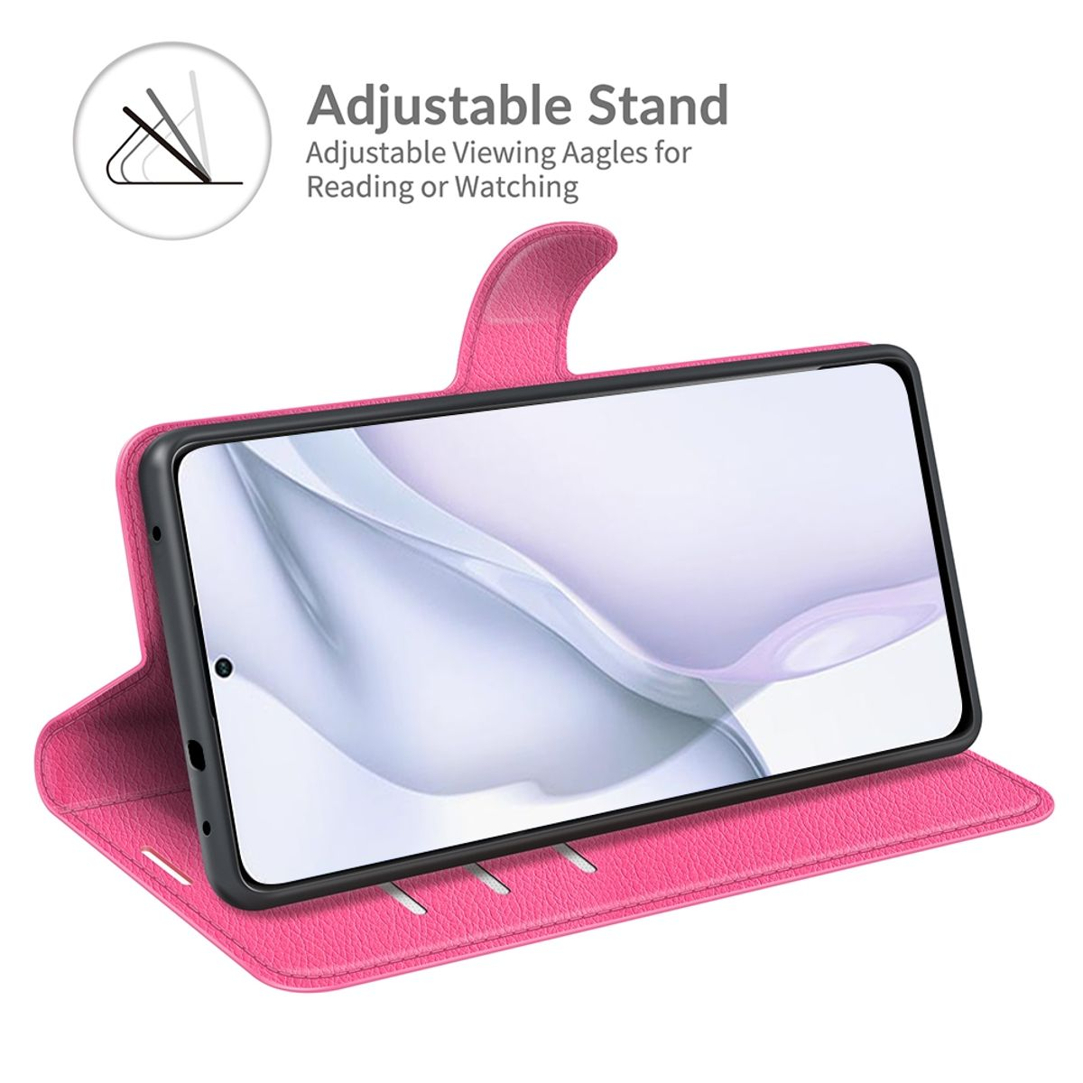 Eine pinkfarbene Handyhülle hält ein Telefon mit Bildschirm. Der Text darüber lautet 'Adjustable Stand'. Ein Diagramm zeigt Winkeleinstellungen.