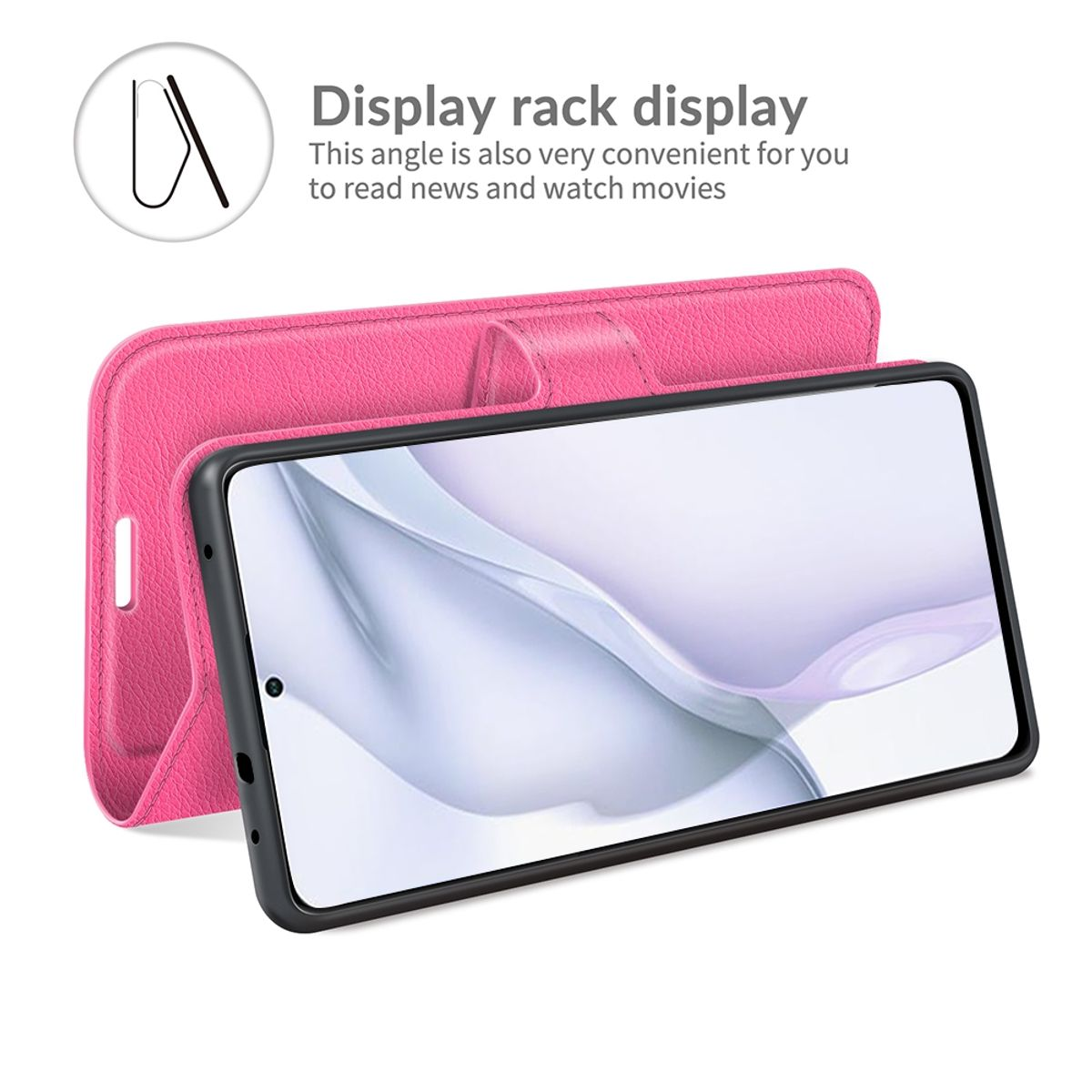 Rosa Handyhülle mit einem Telefon darin. Sie ist geöffnet. Text: Display-Rack-Anzeige. Bequem zum Lesen und Ansehen von Filmen.